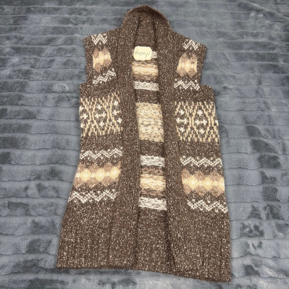 Kenji Brown Fair Isle Alpaca Wool Blend Open Front Longline Sweater Vest Small